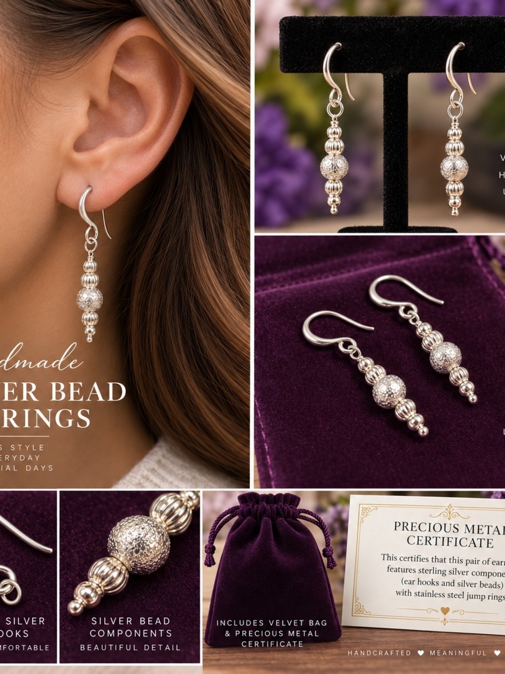 Sterling Silver Bead Drop Earrings - S925 Silver (Stainless Steel Jump Rings)